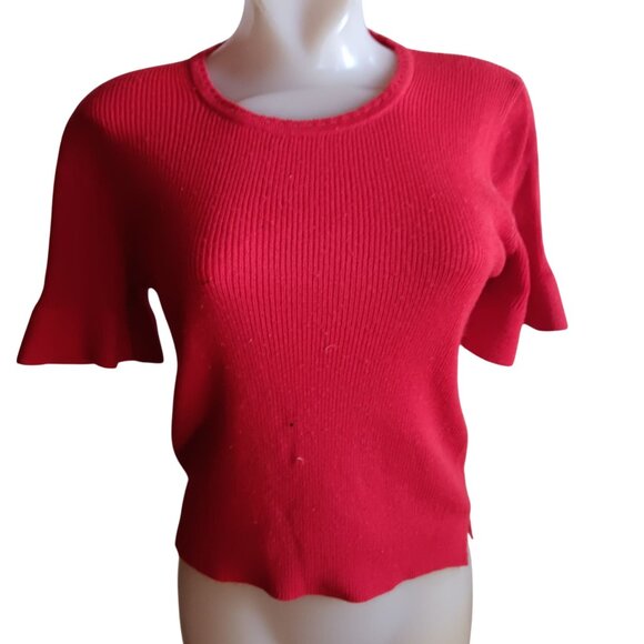 Women's Medium Vintage 70s Red Short Sleeve Knit Top With Ruffle Cuffs Crewneck - Picture 1 of 7